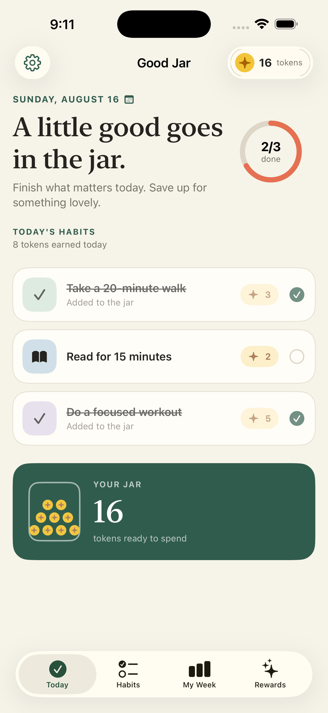 Good Jar habit tracker showing today's habits and earned tokens